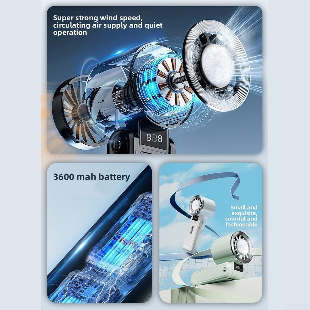 Ventilatore portatile Turbo con 100 velocità regolabili, ricaricabile 3600 mAh, display a LED, design portatile 3 in 1 per viaggi, attività all'aperto e raffreddamento quotidiano, Bla