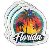(3 Pcs) Florida Sunset Sticker – Tropical Palm Tree Beach Vinyl Decal for Laptop, Water Bottle, Car, Journal, Travel Scrapbook – Retro Florida Vacation Sticker for Beach Lovers (Hologram, 3 inch)