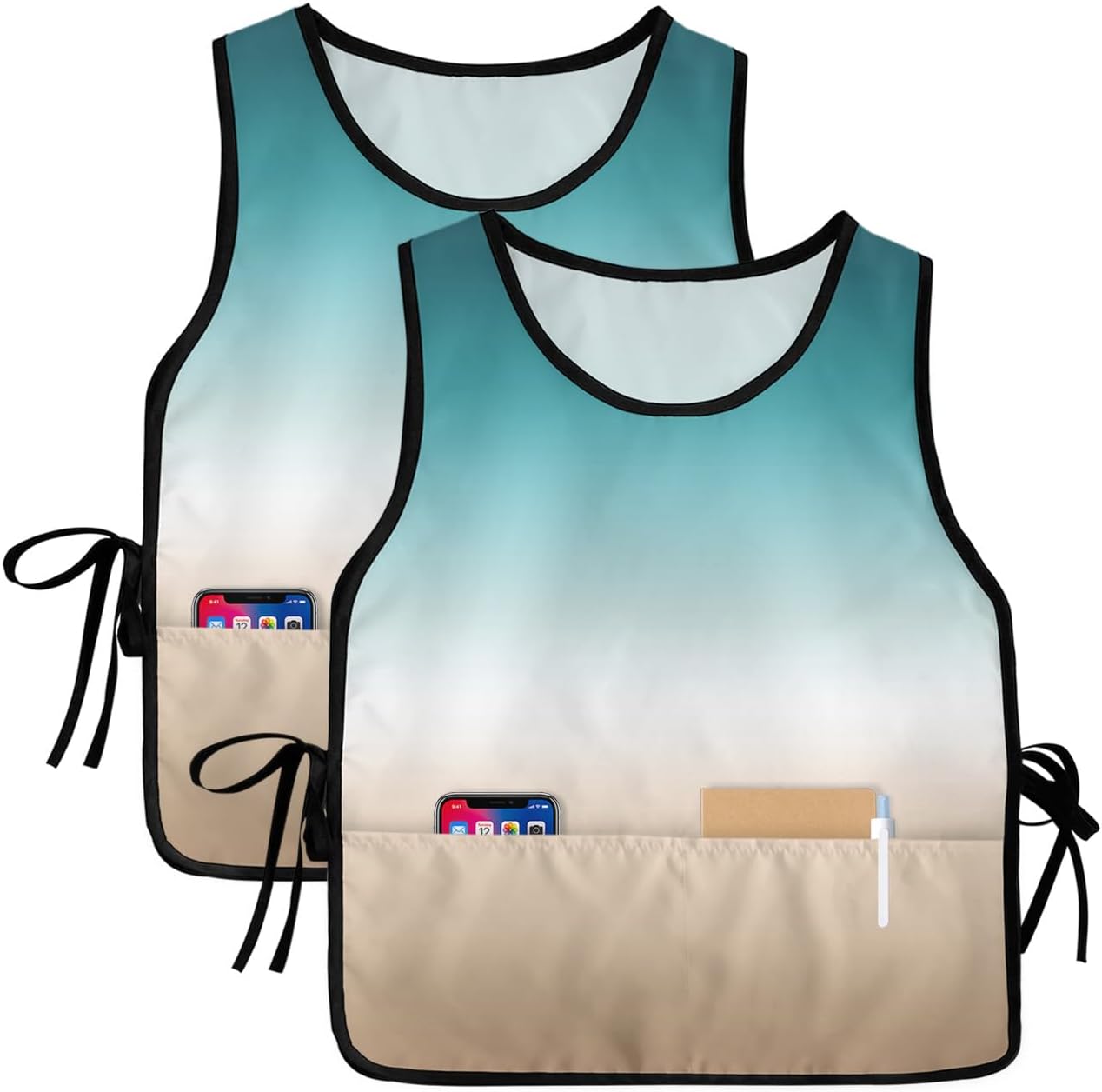 Unisex Cobbler Apron with 2 Pockets, Teal Green Khaki Gradient Waterproof Vest Kitchen Chef Apron, Smock Apron Vest Cobbler Aprons for Women Men, 2 Pack, 20” x 31.5”