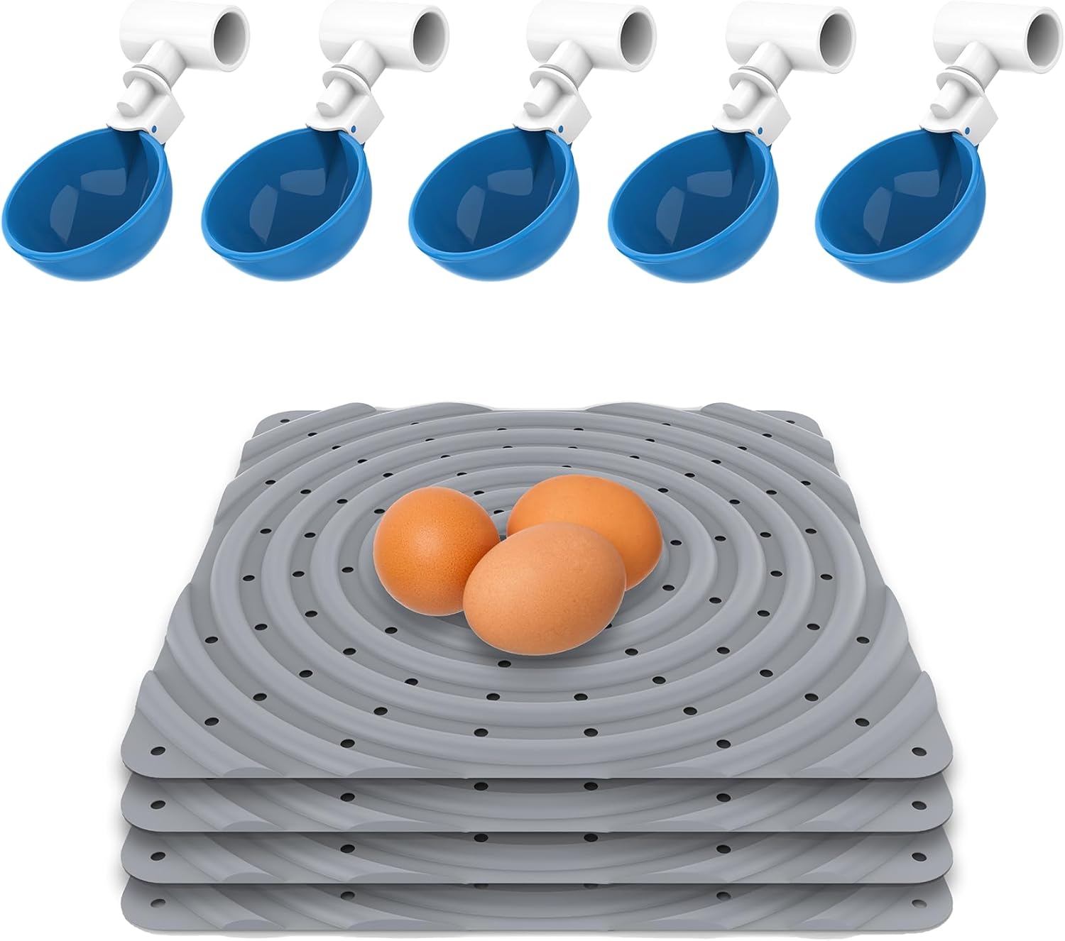 Lil'Clucker PVC Waterer Cups and Nesting Set -5pc Large Automatic Chicken Waterer Cups with 1/2" PVC Tee Fittings(Blue)| 4 Washable Chicken Nesting Pads for Laying Eggs, Gray Nesting Box Pads for Coo