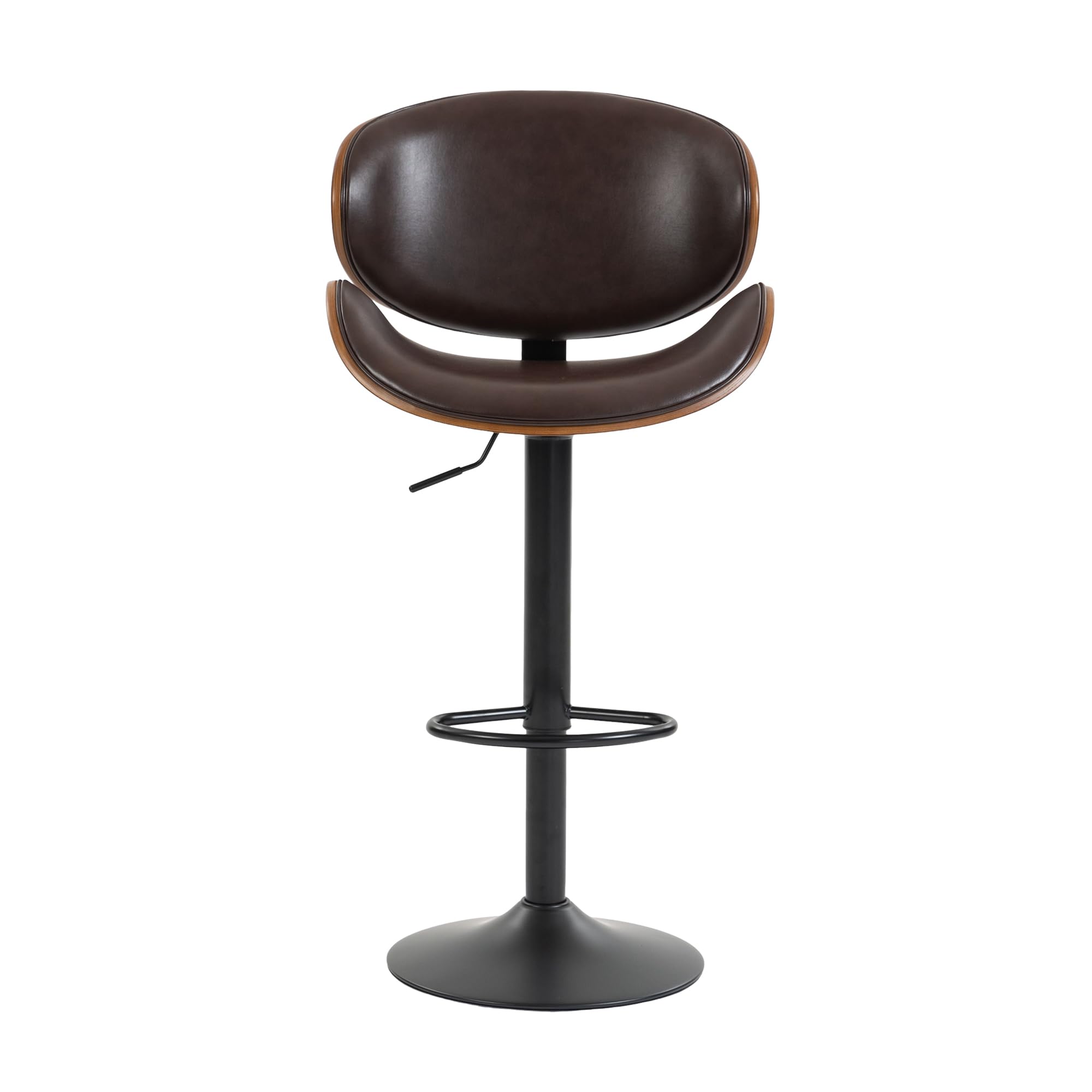 REXO Juego de 2 taburetes giratorios de barra de madera curvada de piel sintética, respaldo ergonómico y reposapiés para bar y isla de cocina, color marrón