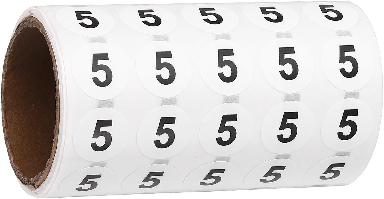 PATIKIL 1000pcs 0.6" Number Stickers, Number 5 Sticker Numbers Labels Round Small Vinyl Self Adhesive Label Circle Decals 1 Roll Dots for Photo Album Poster Organize Inventory, Black