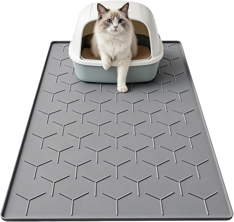 Tapete de Silicone para Caixa de Areia de Gatos Garoopion, Bordas Elevadas, Cinza-escuro, 86,36 × 55,88 cm