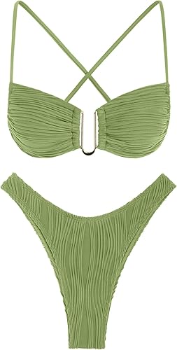 ZAFUL Conjunto de bikini texturizado con aros para mujer, traje de baño de corte alto con muesca en V, traje de baño sexy acanalado con lazo lateral
