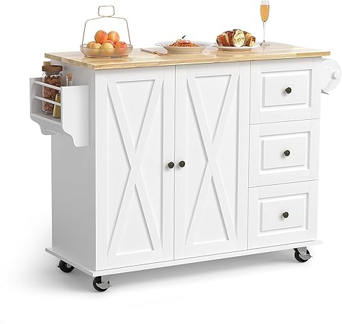 VOWNER Carrito de isla de cocina con parte superior de madera maciza, carritos móviles de 51.2 pulgadas de ancho con gabinete de almacenamiento,