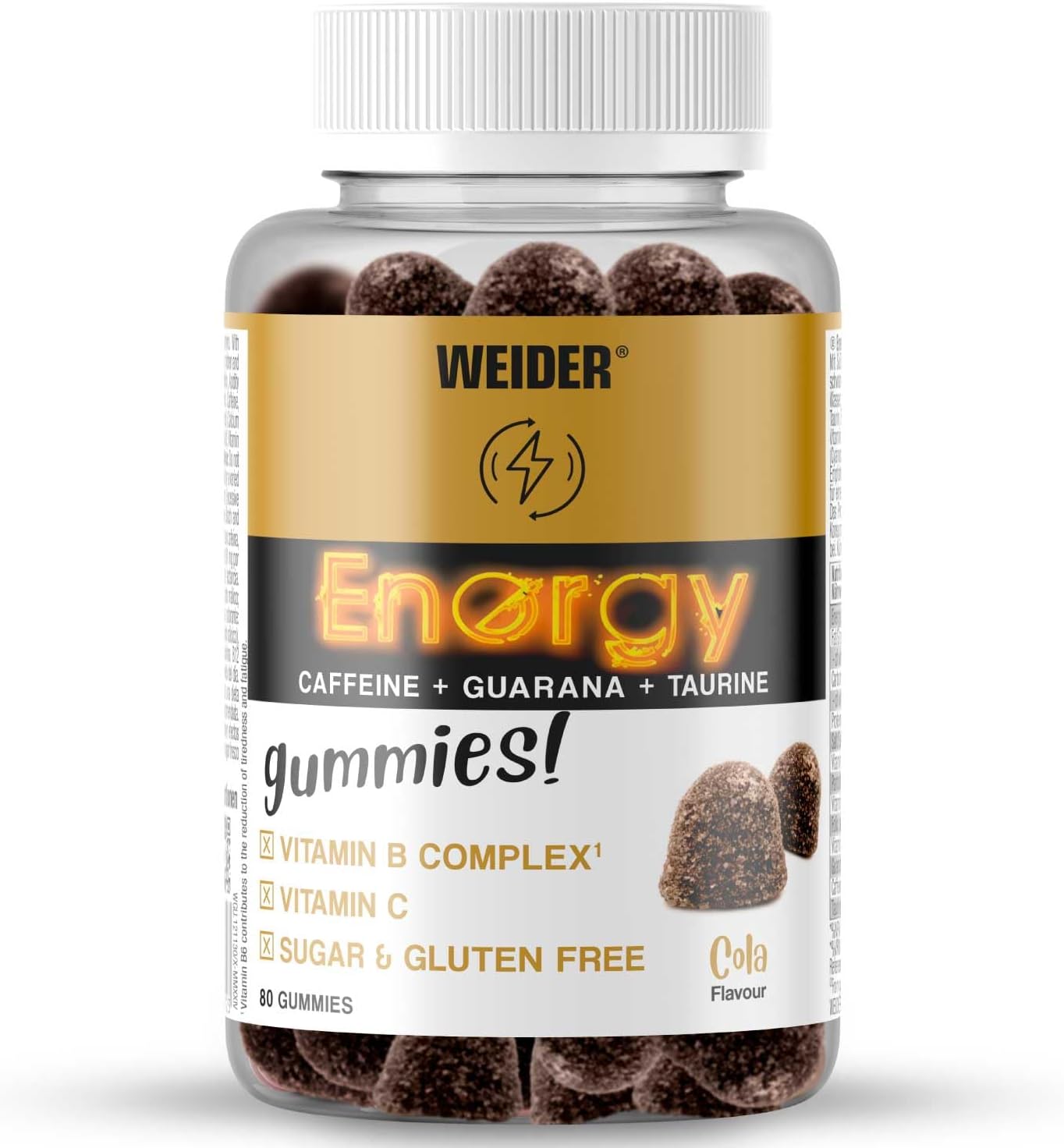 Weider Energy Caffeine Gummies (80 Gums) Cola Flavour. Caffeine Gummies with Guarana, Taurine, Vitamin B and C. Sugar Free. Allergen Free. (10 Servings)