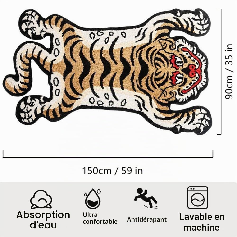 Tapis tufté doux et amusant pour chambre à coucher, motif tigre tibétain, 1,5 x 0,9 m, lavable avec envers antidérapant en caoutchouc thermoplastique, décoration d'intérieur (jaune)