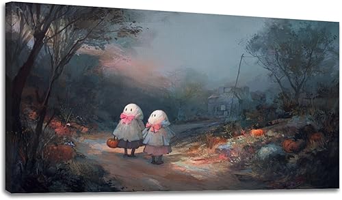 Miniatura 20 de 30"x 60" Canvas Wall Art Vintage Halloween Spooky Ghost Witch Black Cat Crow Painting Framed Pictures Painting Prints Large Wall Art for Living Room