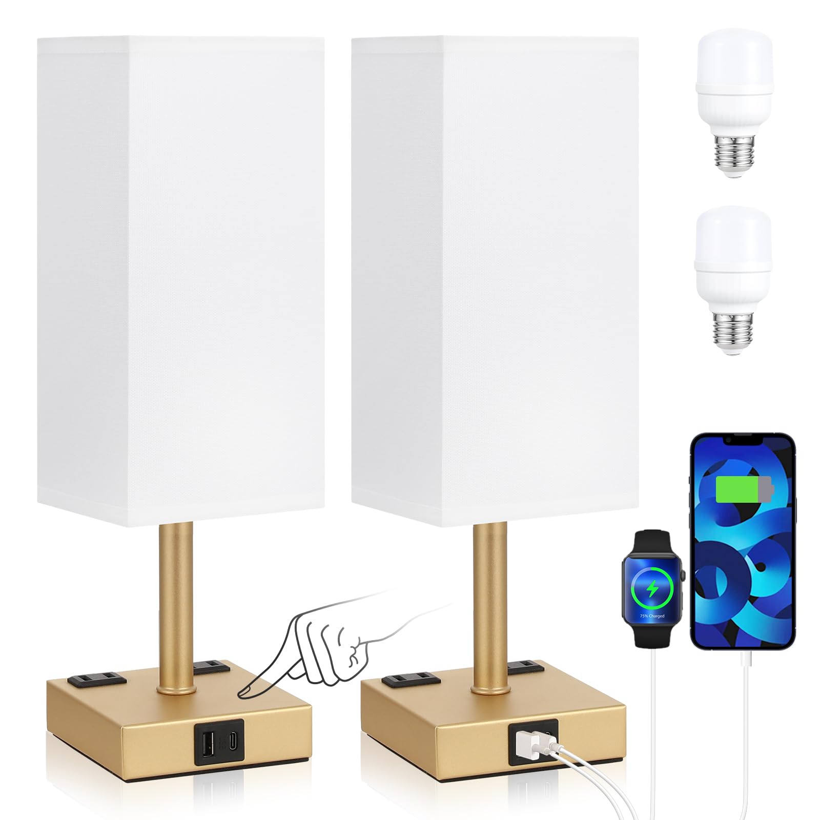 Photo 1 of aooshine Gold Base Touch Lamps Set of 2 - Nightstand Lamp with USB-C + A Charge Ports & AC Outlets, 3-Way Dimmable Bedside Lamp, Small Table Lamp Light for Bedroom (Bulb Included)