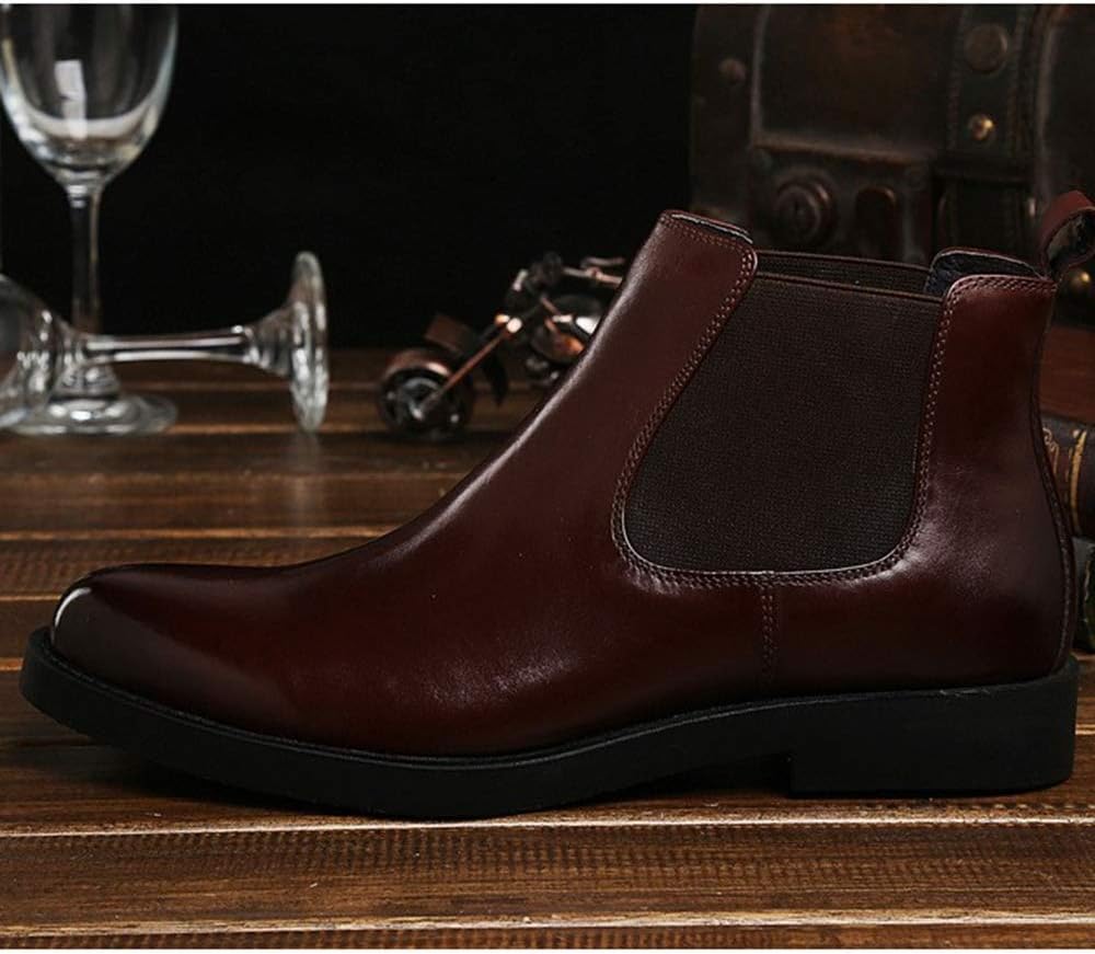 Rui Landed Burnished Round Toe Chelsea Boot for Men Work Boot Pull On Style Waterproof Outdoors Premium Genuine Leather Middle Heel (Color : Red-Brown, Size : 4 M US)