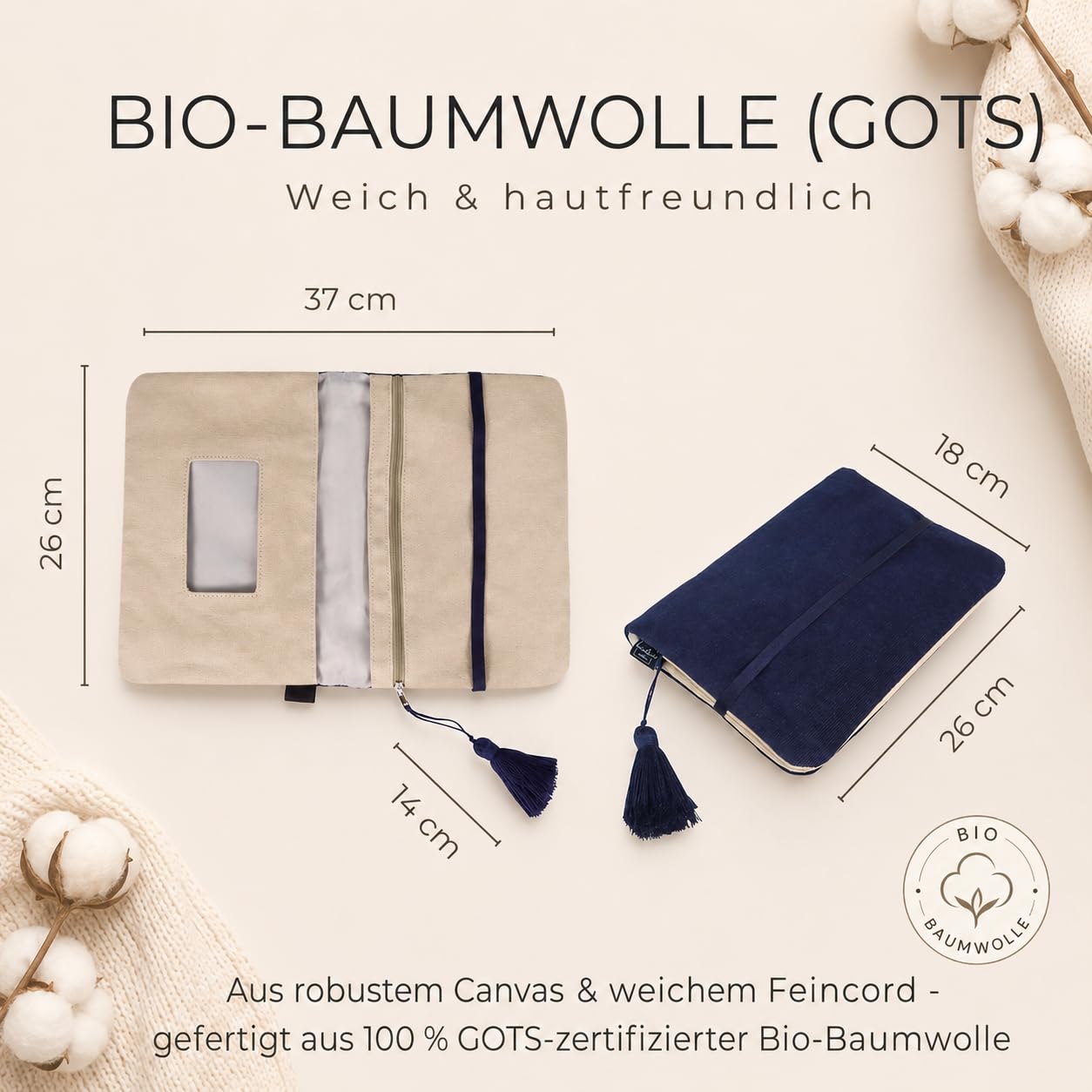 Karolini® Windeltasche Organizer Dunkelblau für unterwegs – kompakte Wickeltasche aus Cord (Bio Baumwolle GOTS) mit Feuchttuchfach, für Handtasche & Kinderwagen