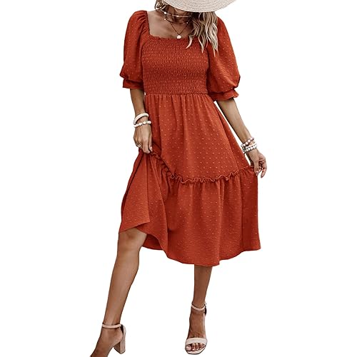 PRETTYGARDEN Women's Summer Casual Midi Dress Spring Puff Sleeve Square Neck A-line Flowy Boho Floral Smocked Dresses