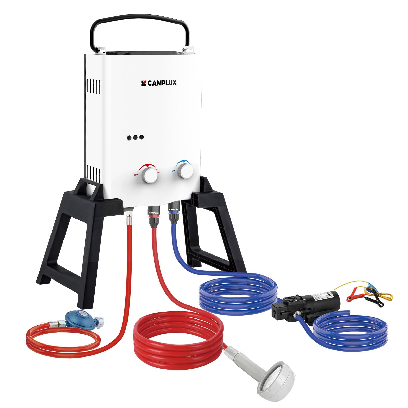 CAMPLUX 5 Liter Gasdurchlauferhitzer mit Stütz & Wasserpumpe, LPG, 50mbar, für Campingdusche/Wohnmobilausflug, AY132Max-DE mit Tragetasche