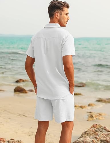 Miniatura 2 de LecGee Conjunto de ropa de lino para hombre con botones y pantalones cortos de guayabera cubana, conjunto de 2 piezas