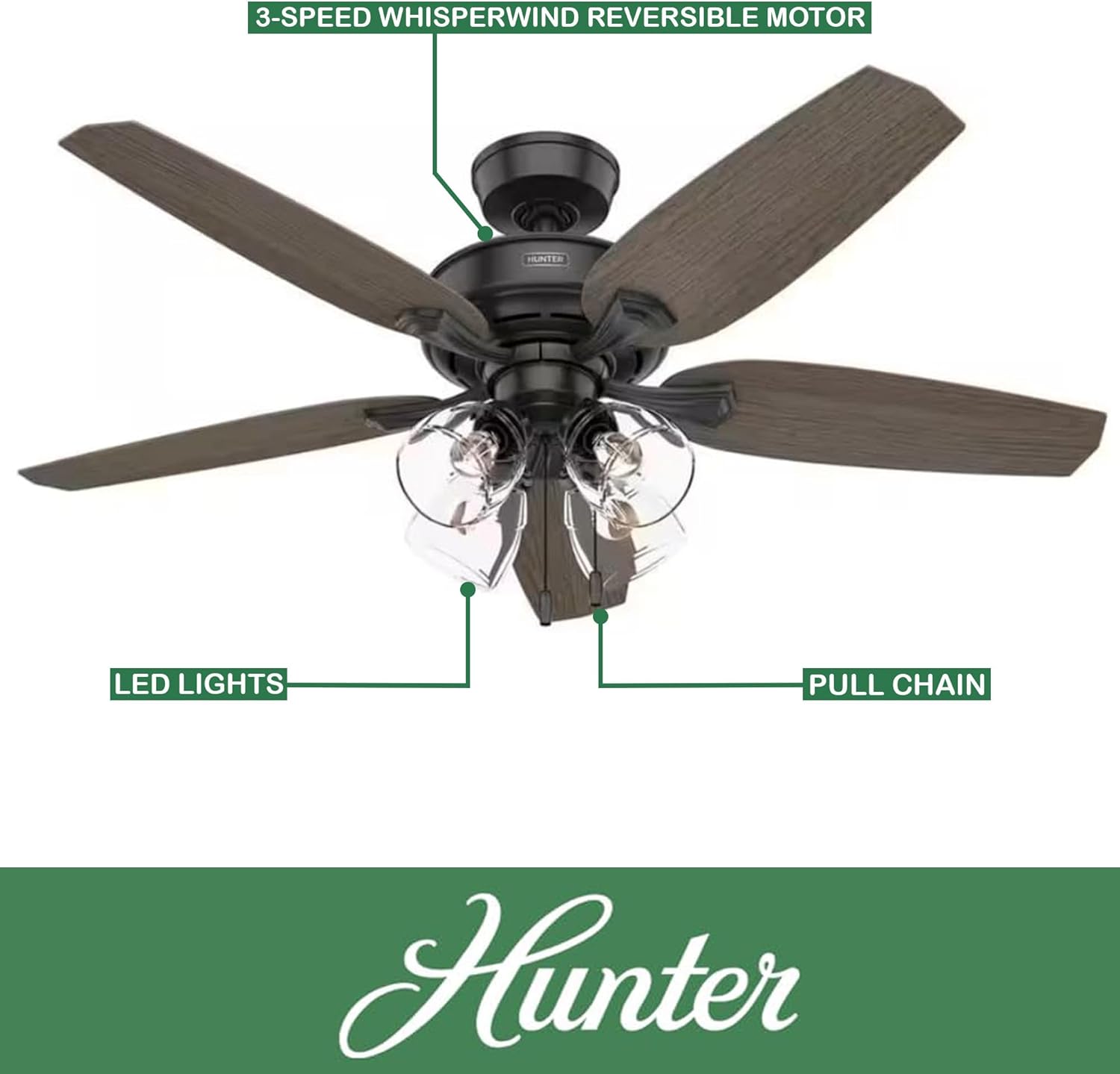 Hunter Fan 52 inch Traditional Matte Black Indoor Ceiling Fan with LED Light Kit and Pull Chain (Renewed)
