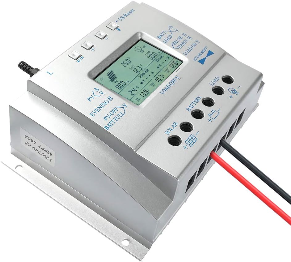 80A Solar Charge Controller 80 amp Solar Panel Regulator with Load Timer, 12V 24V Auto with LCD Display USB 5V 1500mA and Usd for Control Landscape Lights and Water Features