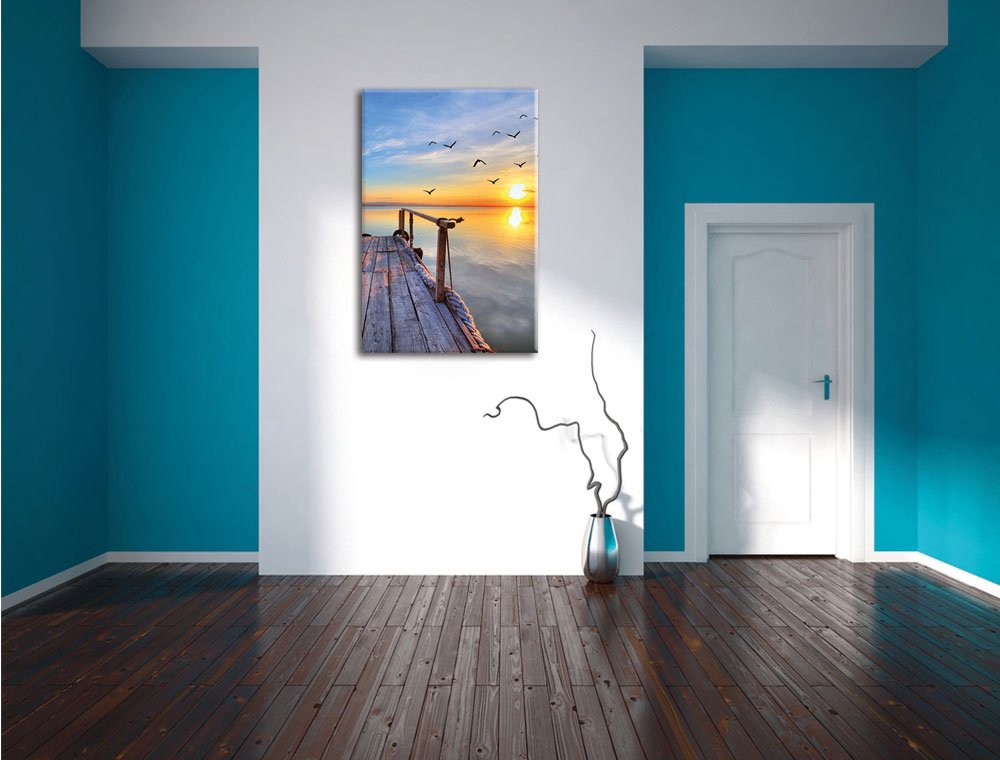 Pixxprint Steg mit Möwen bei Sonnenuntergang als, Größe: 120x80cm, Leinwandbild, fertig gespannt, Wandbild, Dekoration, Kunstdruck, kein Poster