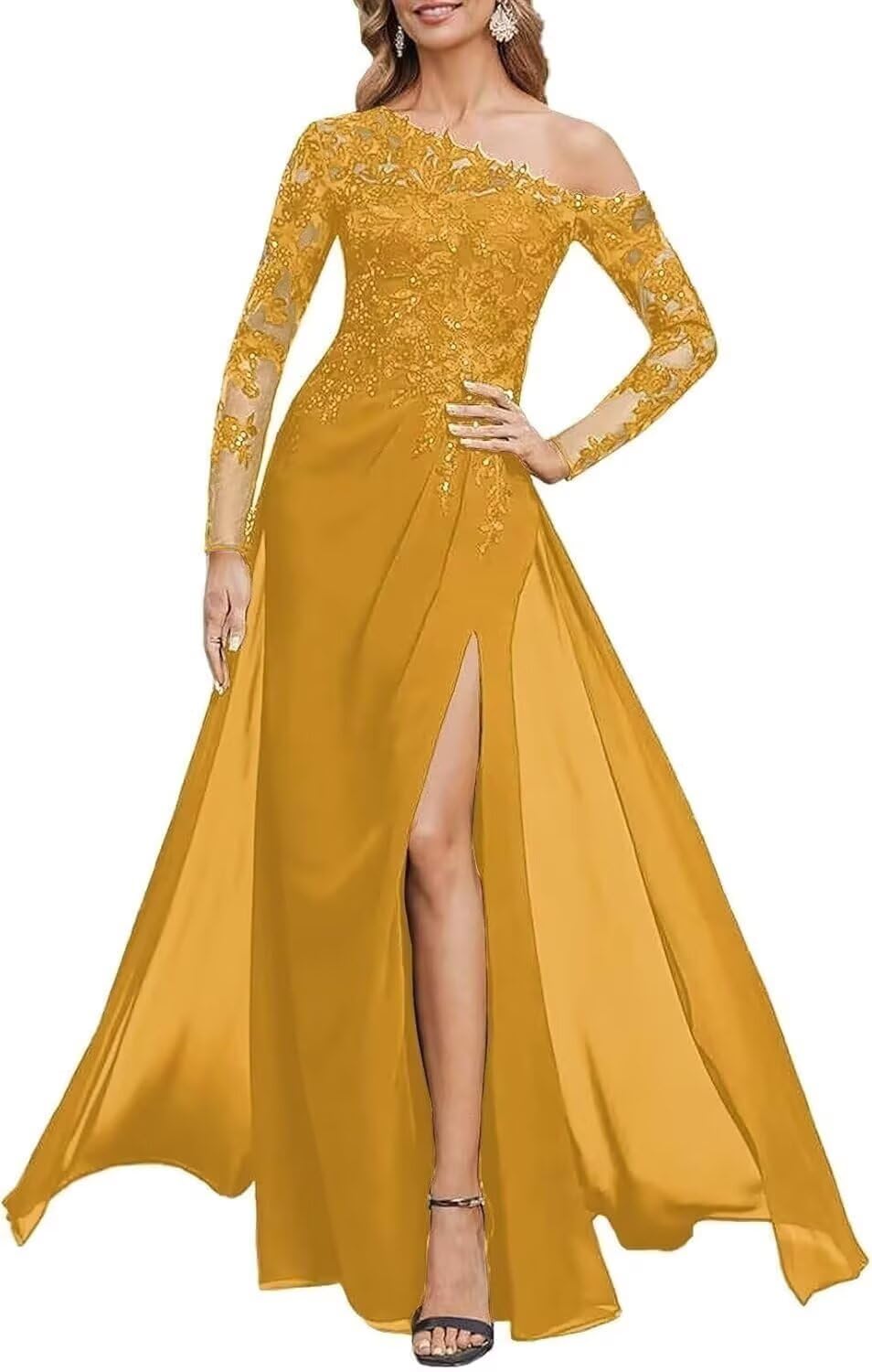 Lace Appliques Mother of The Bride Dresses for Wedding Long Sleeve Side Pocket Chiffon Formal Evening Dress with