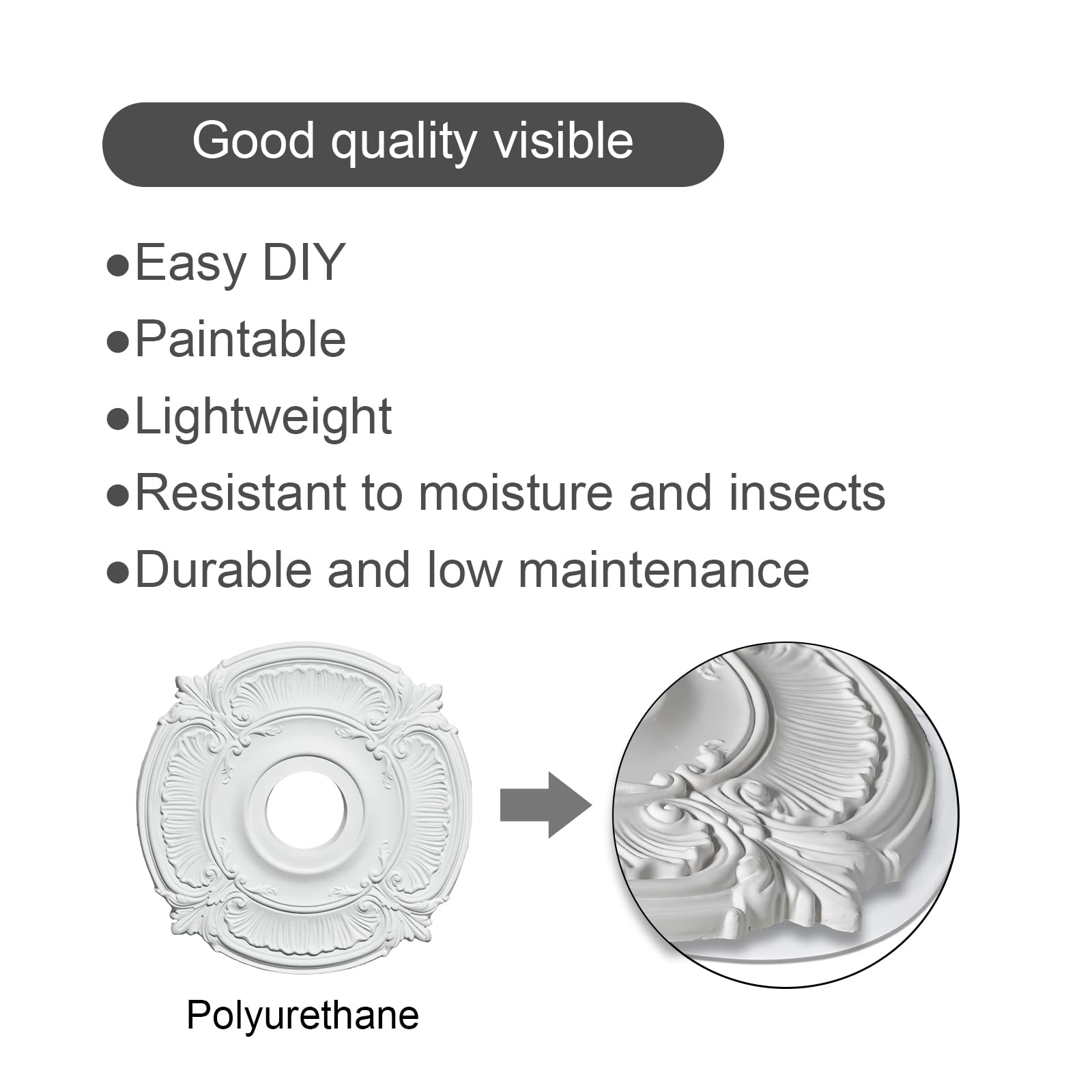 EIFHYT Primed Urethane Ceiling Medallion for Light Fixtures and Ceiling Fans, 18"OD x 4"ID x 1-1/8"P (Fits Canopies up to 7-3/4") White. — Amazon image 4