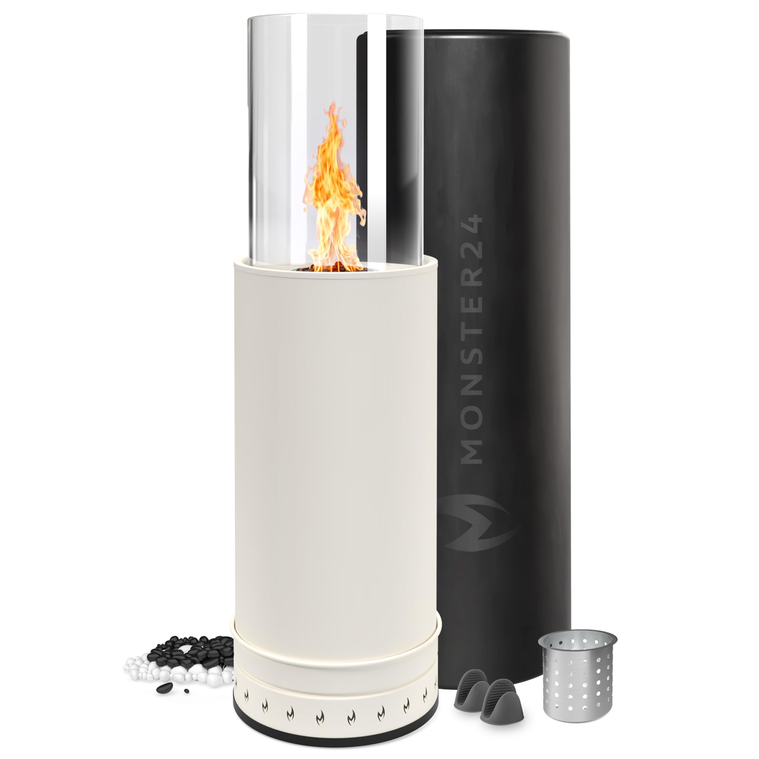 Monster24 Standkamin, rund, freistehend, 87 x 27 x 27 cm, Pellet Terrassenheizer für Outdoor, Terrassenofen mit 360° Flammenspiel, ideal als Terrassenkamin und Bodenkamin
