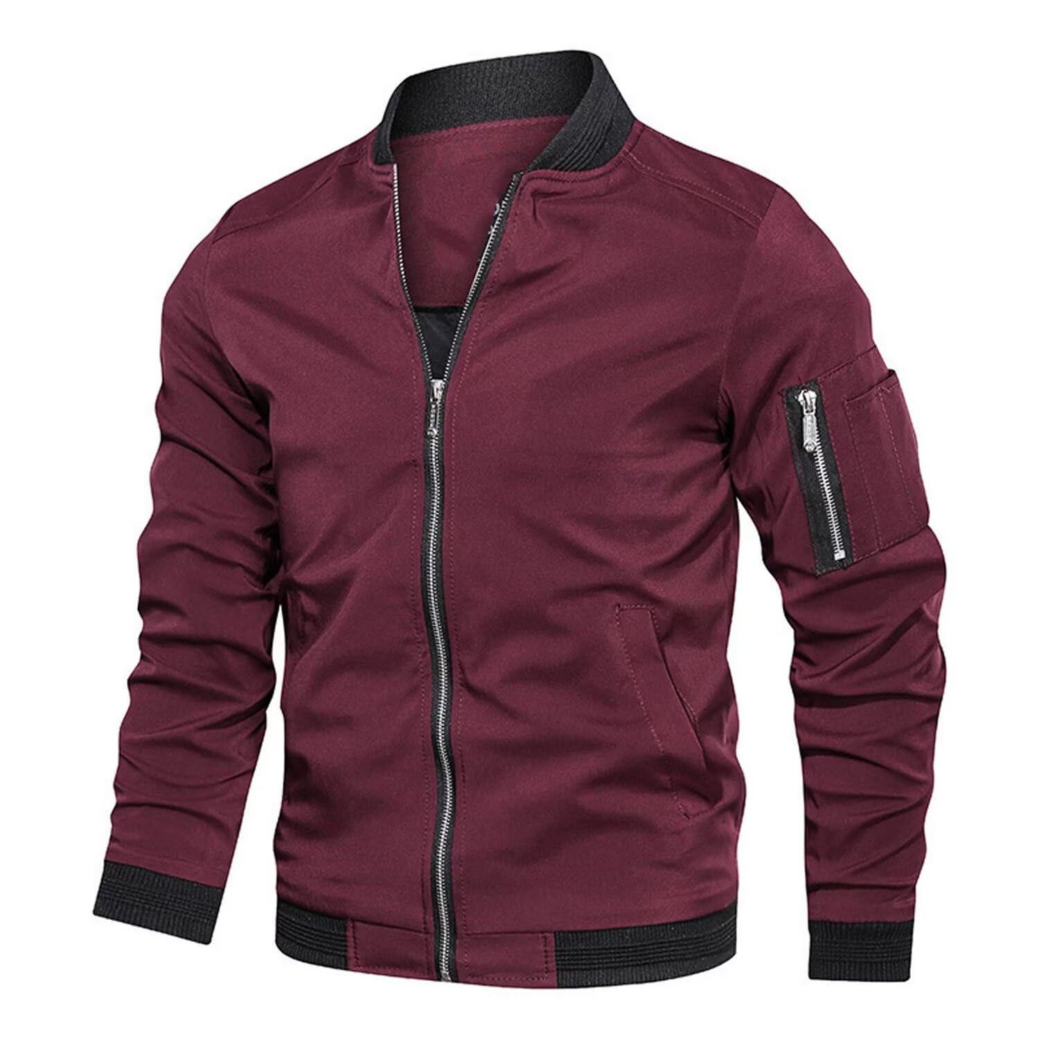 Uomo Primavera Autunno Classica Leggero Casual Jacket Cappotto Cotone Softshell Sottile Sportiva Baseball Bomber Collare Estivo Comodo Giubbotto All'Aperto Giacca Uomo Rosso scuro L