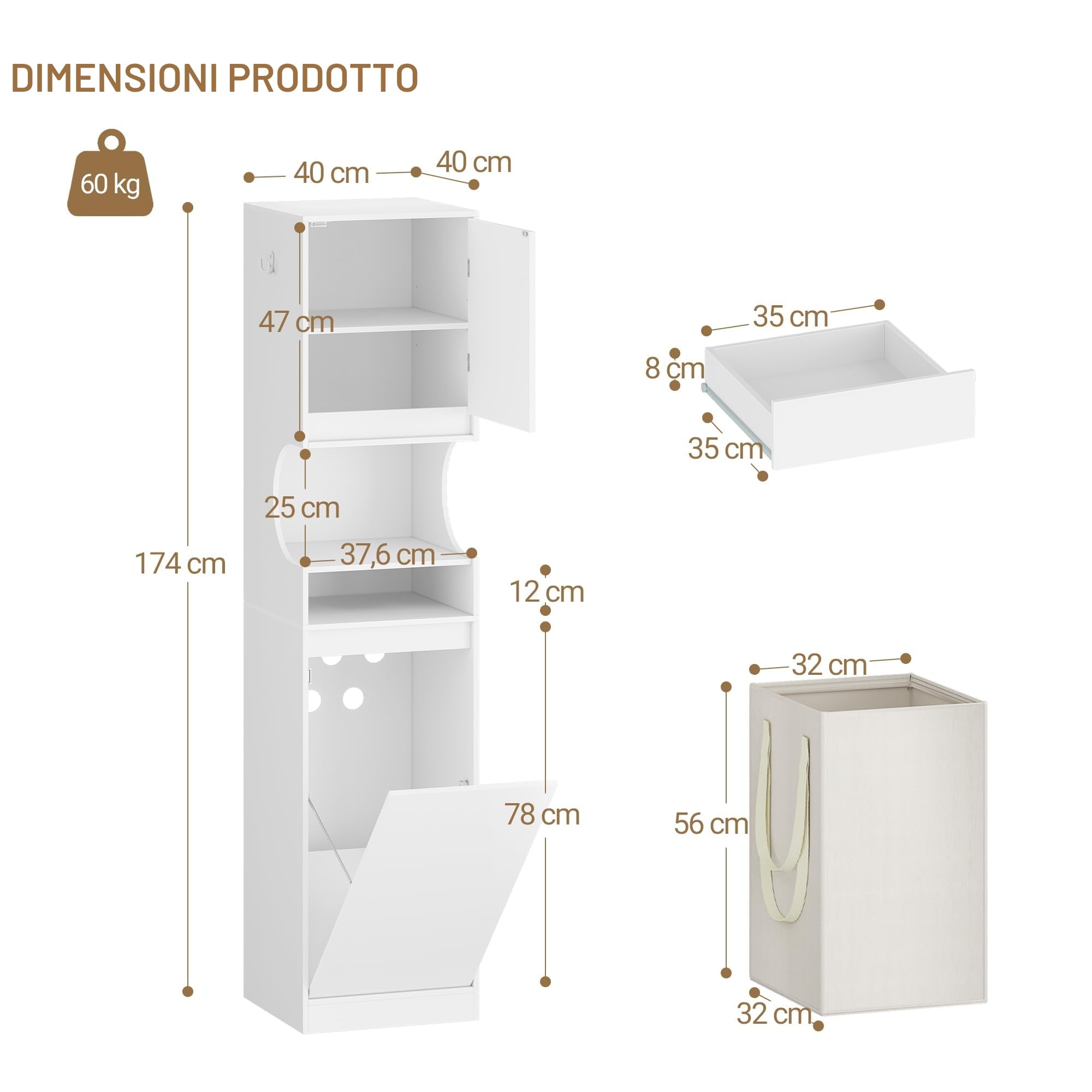 Hzuaneri Mobile da Bagno Alto, Armadio a Colonna da Bagno Salvaspazio, Con cesto portabiancheria pieghevole, Ripiani Regolabili, per Soggiorno, Lavanderia, 40 x 40 x 174 cm, Bianco BC43013X