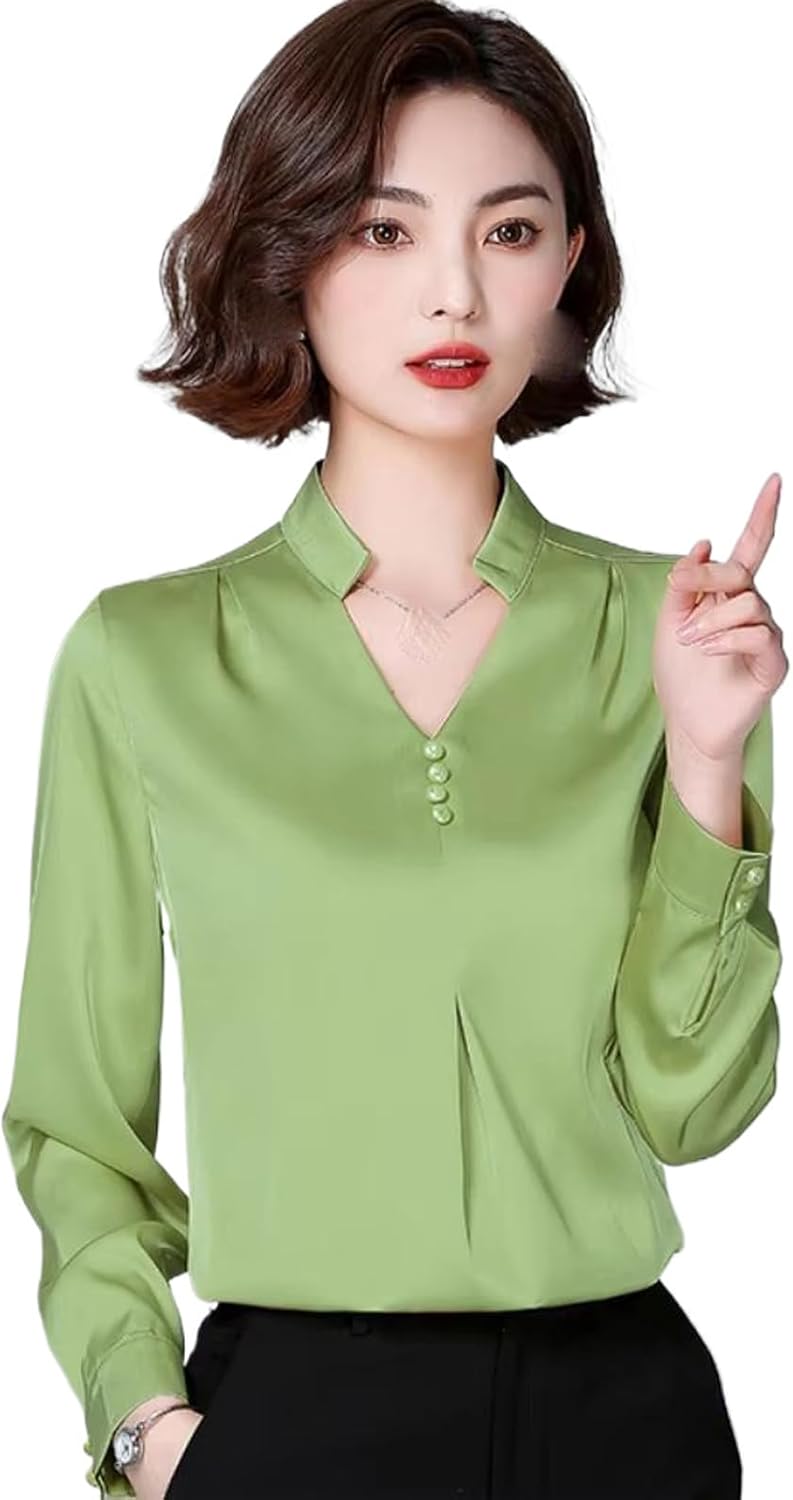 Women's Elegant Satin Blouse Shirt Spring Autumn Solid Long Sleeve Vintage Office Top