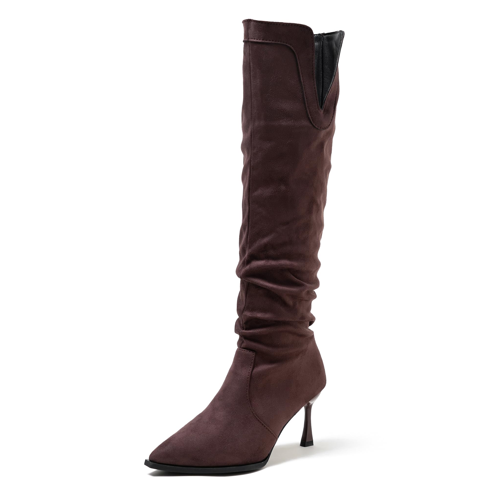 Womens Knee High Boots Brown Satin Pointed Toe Kitten Heel Ruched Design