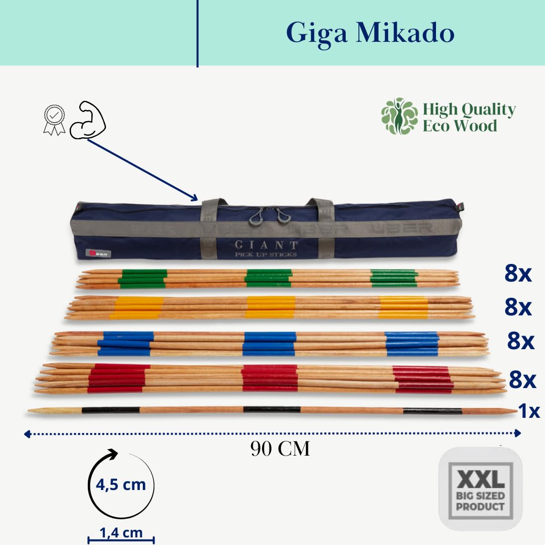 Uber Games XXL Riesen Mikado - Top Qualität ECO-Harter Holz ca. 90 cm Lang - mit Robuste Tragetasche - 33 Staben - Super Tragetasche - Profi
