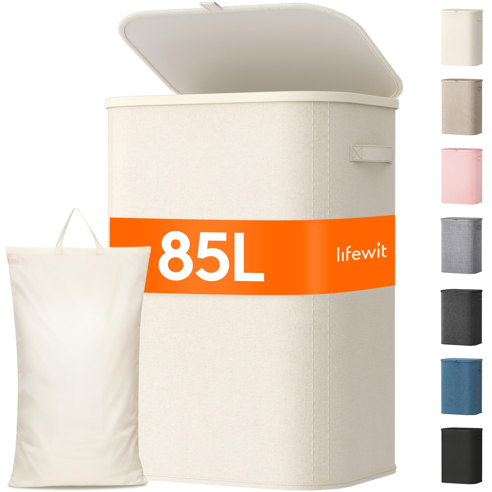 Lifewit 85L Laundry Basket with Lid, Large Laundry Hamper with Plastic Handles and Removable Bag, Foldable Tall Dirty Clothes Hampers for Laundry for Laundry Room, Bedroom, Bathroom, Dorm, White