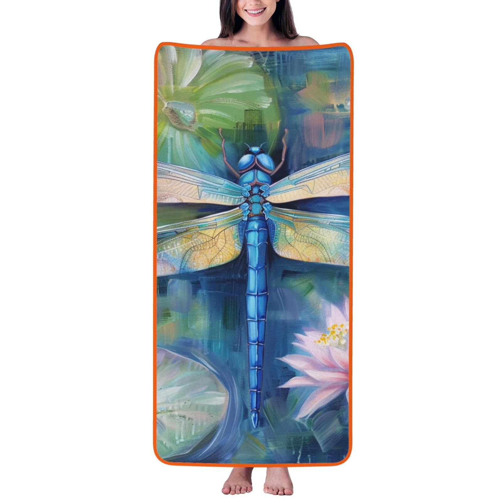 WPKJU Dragonfly Painting Printed Bath Towel with Orange Edging - 27x55 in Soft Extra Absorbent Coral Velvet Shower Towels for Bathroom