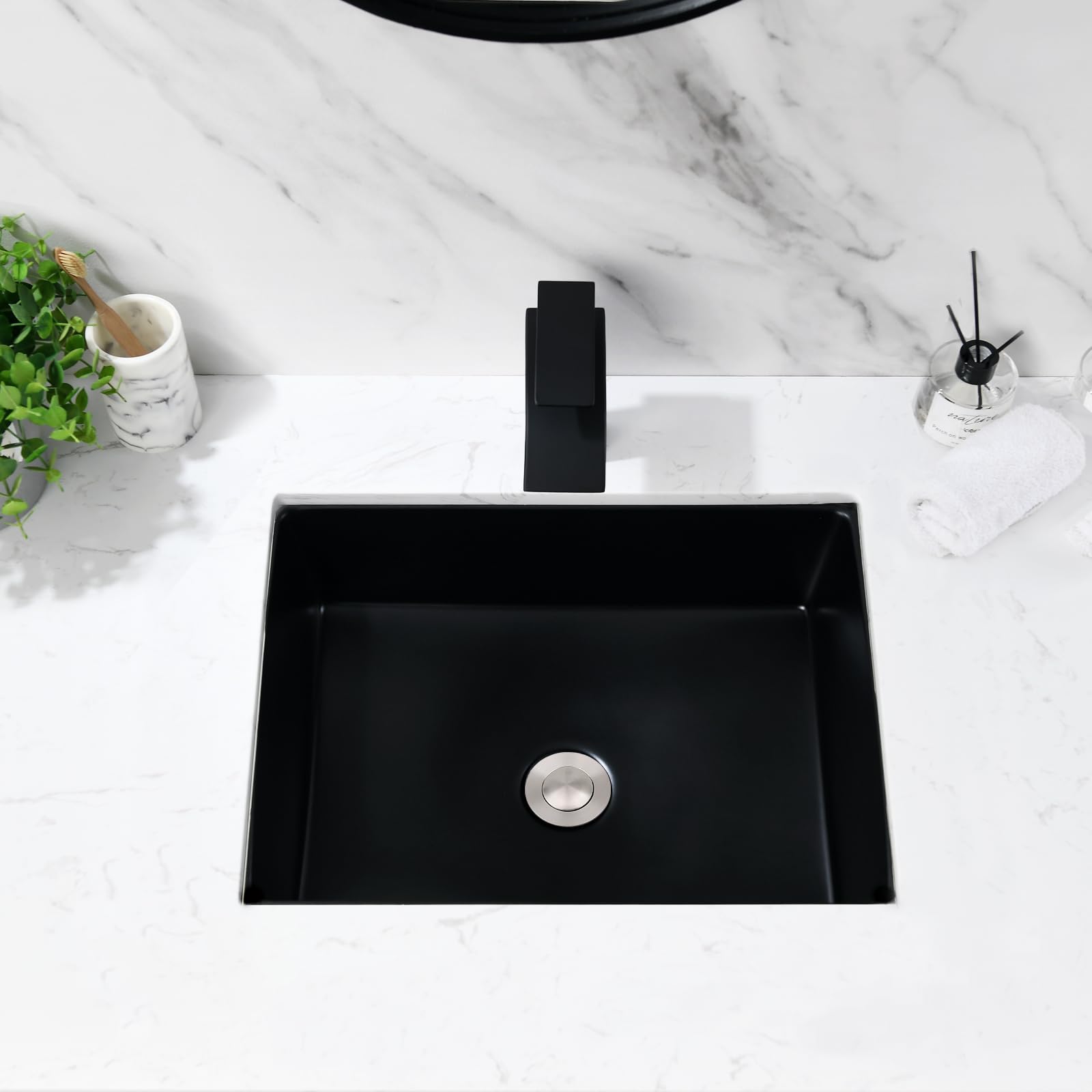 Schwarzes Keramik Unterbauwaschbecken 50x38x18 cm Rechteckig mit Überlauf - Einbauwaschbecken für Badezimmer & Gäste WC, inkl. Pop-up Ablauf Edelstahl