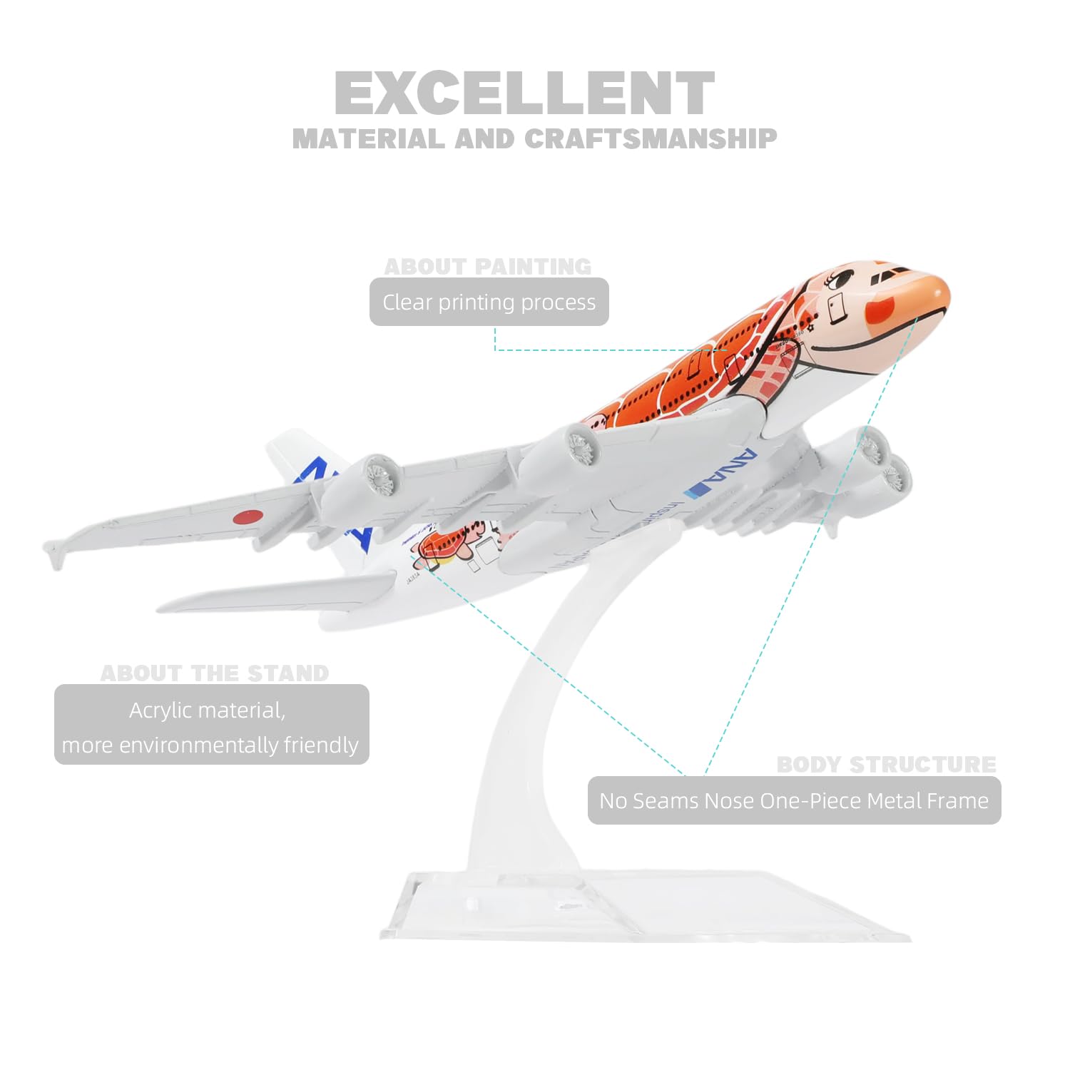 QIYUMOKE 1/400 A380 Model Plane Orange Turtle Diecast Metal Airplane Model kit for Airbus A380 (5.5-inch L) with Display Plane Stand for Adults Airplane Toy Aviation Gift or Desktop Collection - Image 3