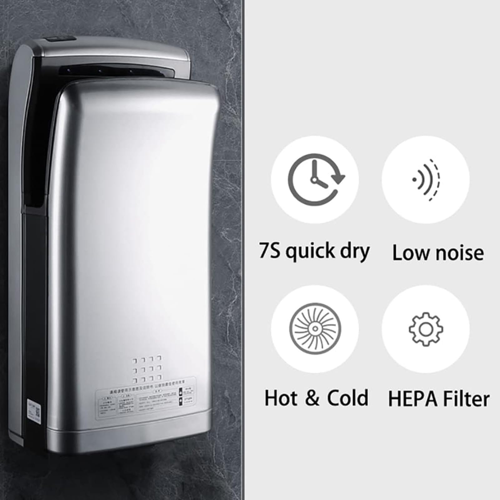 Asciugamani automatico ad alta velocità da 1800 W con filtro HEPA, efficiente asciugatrice a induzione commerciale asciuga le mani in 5-7 secondi per bagni e servizi igienici