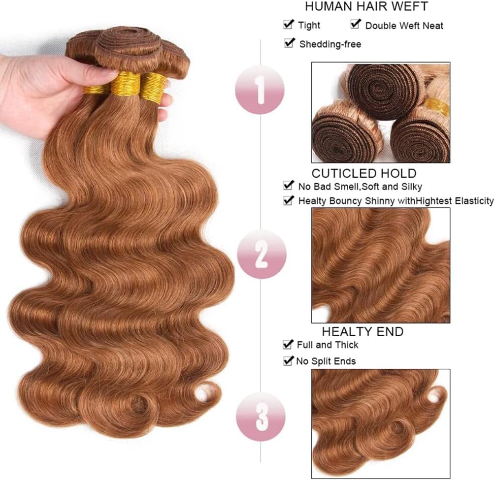 Body Wave Bundles Human Hair Tissage Cheveux Extensions De Cheveux Humains Tressés Naturels Extensions 3 Bundles 50g/pcs Double Weft #30 Light Brown for Woman 12 14 16 Inch