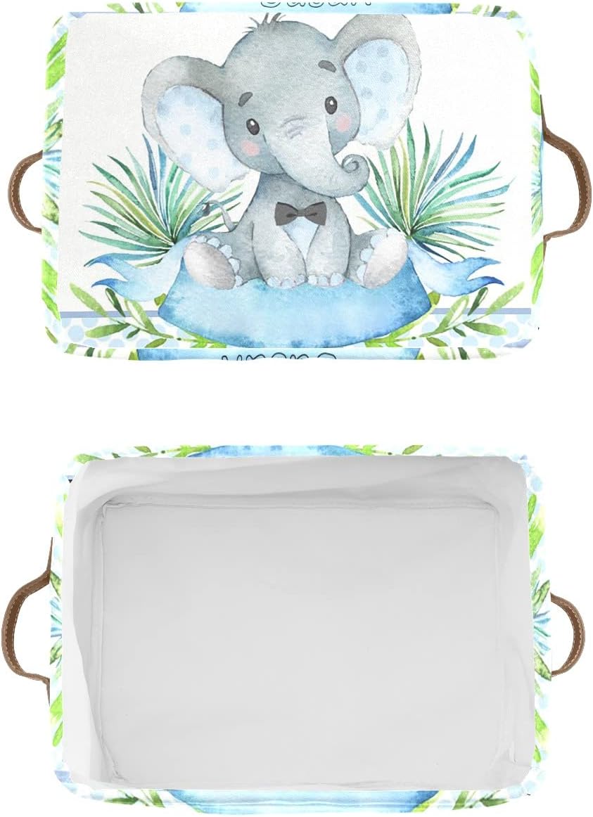 Personalized Elephant Blue Polka Dots Storage Basket Bin with Name Large Storage Cube Box with Handles for Home Office Bedroom Closet Shelves(4 Pack)