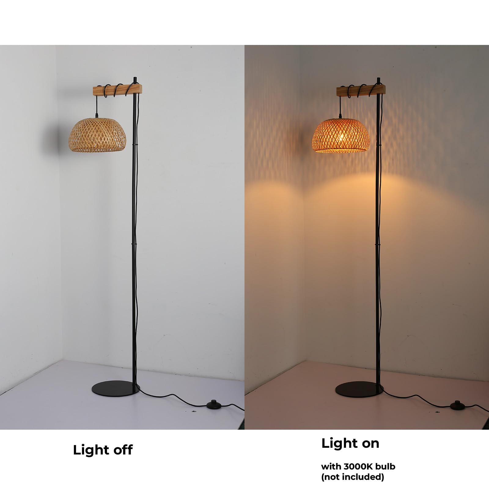 Alpinaluz Lámpara de Pie con Pantalla de Mimbre Natural Hecha a Mano – Estructura Negra y Madera, Base Ultrafina, Interruptor de Pie – Estilo Moderno Boho, Altura 157 cm, E27