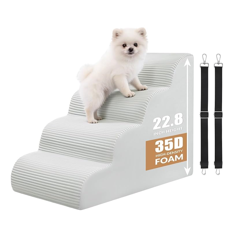 Escada para cães e gatos com 4 degraus, capa de veludo cotelê lavável e cinta antitombo KASBAH até 61 cm, Bege