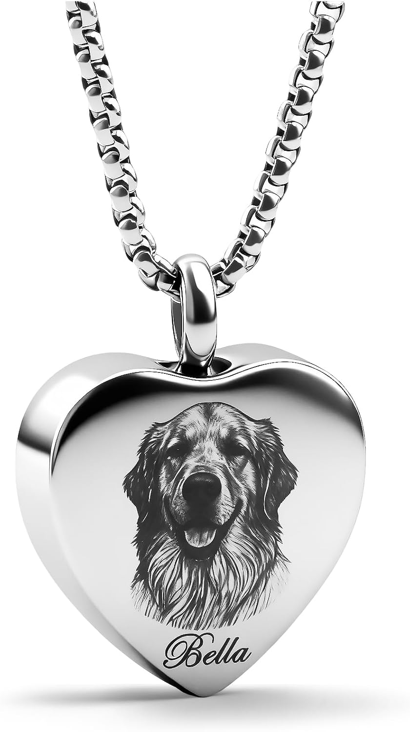 Custom Photo Engraved Pet Ashes Necklace | 4K Laser Engraved Memorial Jewelry for Dogs and Cats, Stainless Steel Urn Keepsake for Women and Men