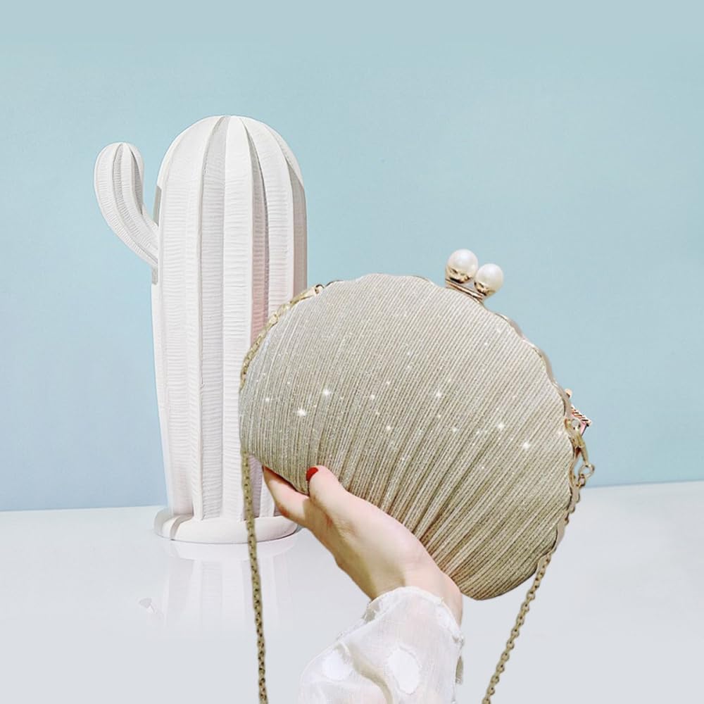 ファッショナブルなパールシェルディナーハンドバッグ、多用途でニッチ、光沢のあるシングルショルダー斜め掛けバッグ。, ゴールド