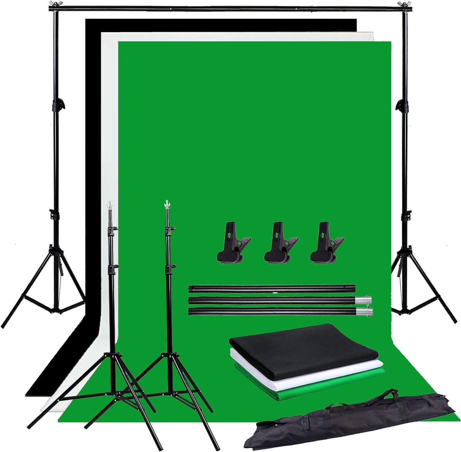 YISITONG Photo Studio Portable Adjustable Background Support Stand Kit Set for Photography - 3m x 1.6m Black White and Green Photography Backdrops + 3 Clamps + Free Carrying Bag