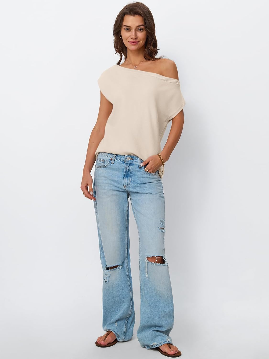 LILLUSORY Womens Summer Fashion Off The Shoulder Sweaters Vacation Trendy Going Out Tops Lightweight Knit Pullover 2025 - Image 5