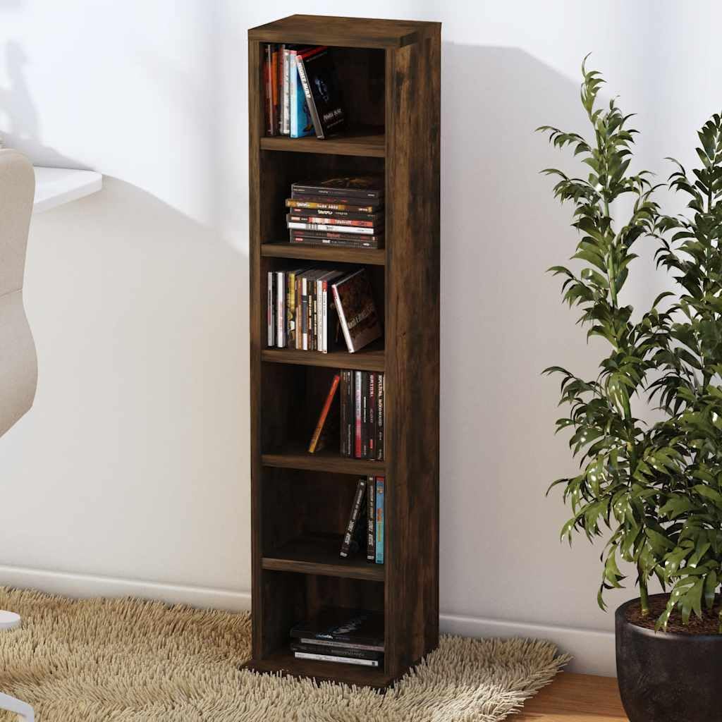 Mangloder CD Regal Räuchereiche aus Holzwerkstoff 21 x 20 x 88 cm mit 6 offenen Fächern, Wandhalterung, platzsparend für Wohnzimmer, Büro, Heimkino und ordentliche Medienaufbewahrung