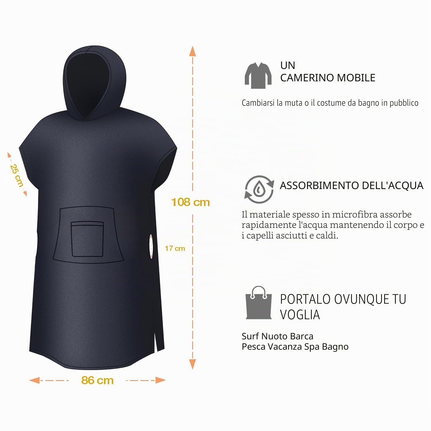 Kato Tirrinia Beach Surf Poncho con tasca, in neoprene assorbente, con fasciatoio, asciugamano poncho, per surf, nuoto, per adulti, uomini e donne