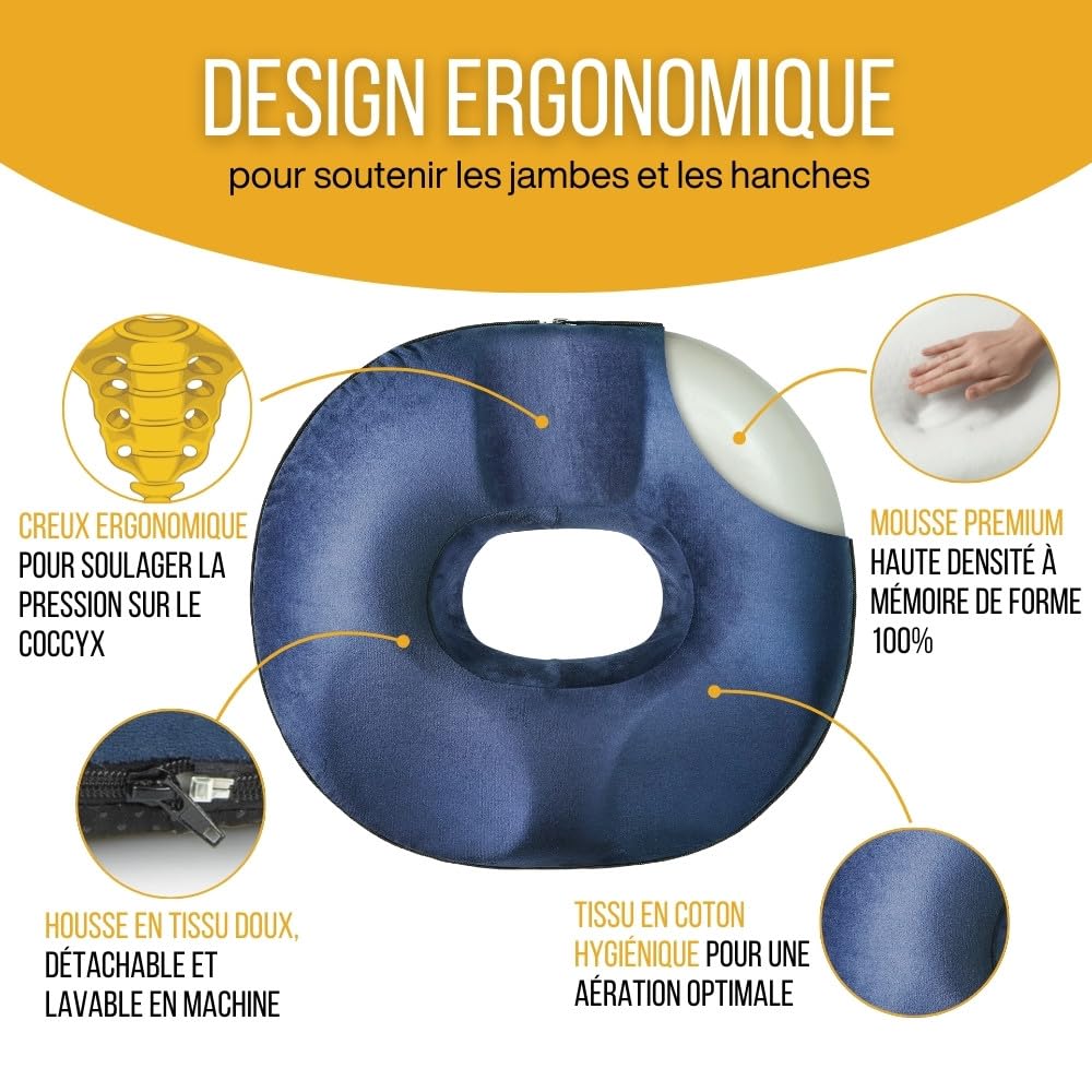 Inphysio® Coussin Donut, Coussin Assise Ergonomique, Coussin Coccyx, Coussin Siege Orthopédique, Coussin Memoire Forme, Coussin Fesses, Coussin Hemorroidaire, Coussin Voiture, Chaise, 45 x 37 x 9cm