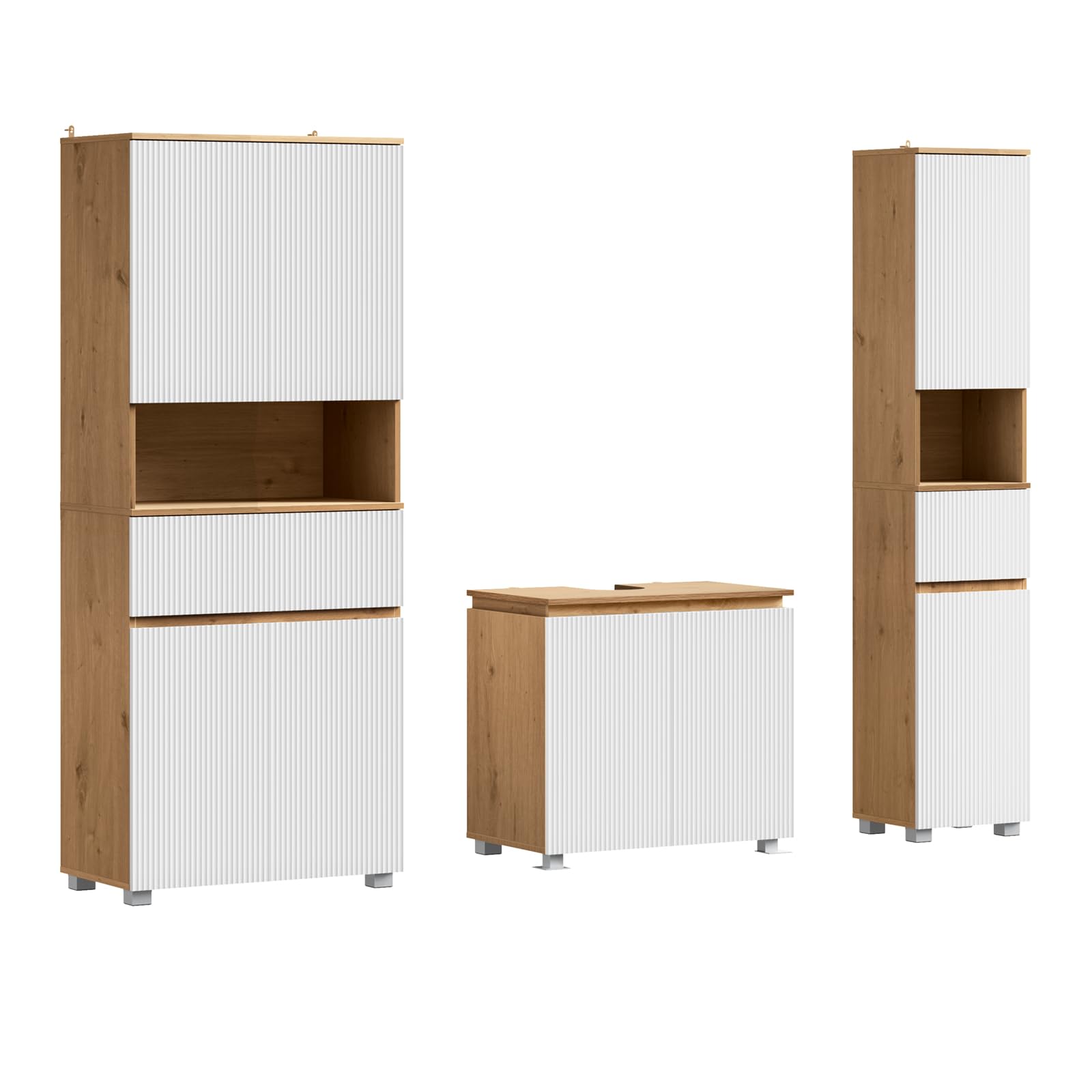 EUGAD Badmöbel Komplettset, 176.5 cm, Weiß + Braune Holzoptik, Badezimmermöbel-Set mit Waschbeckenunterschrank, und 2 Badezimmerschränke