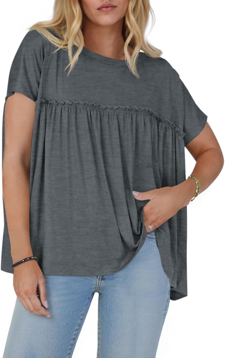 Cicy Bell Women Summer Babydoll Tops Pleated Short Sleeve Crew Neck Peplum Blouse Casual Loose Fit T Shirts - Image 4