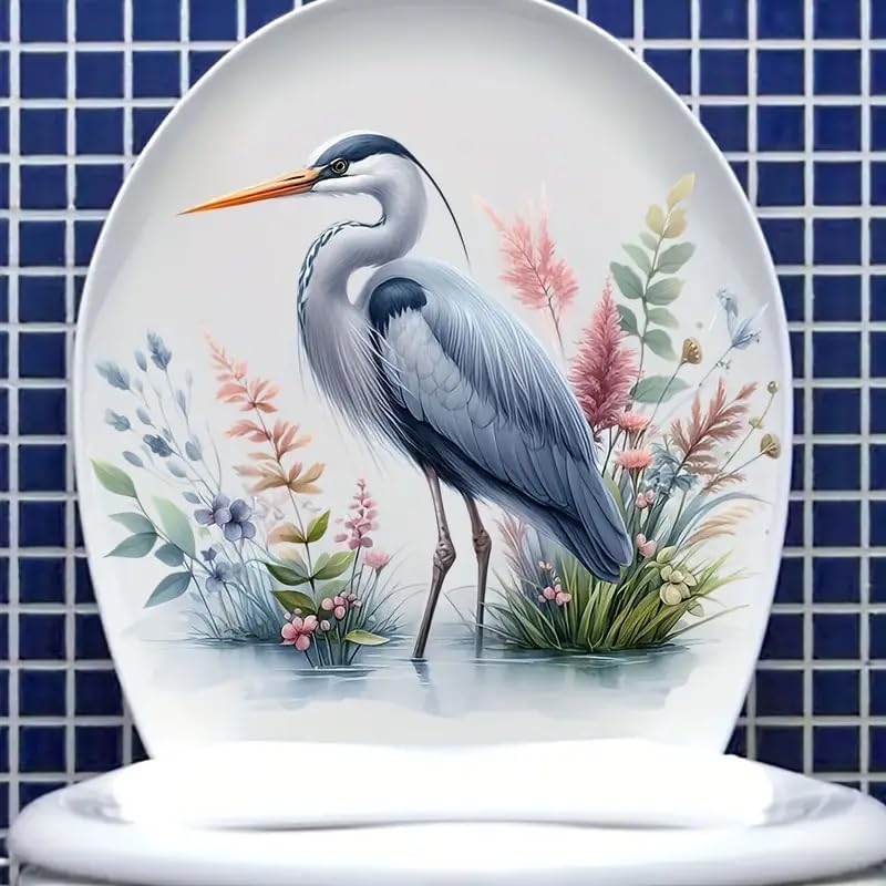 Crane Toilet Cover Sticker Decals,Fish Bird Flower Leaf Waterproof Toilet Lid Tank Seat Decals Cistern Self-Adhesive Bathroom Wall Sticker