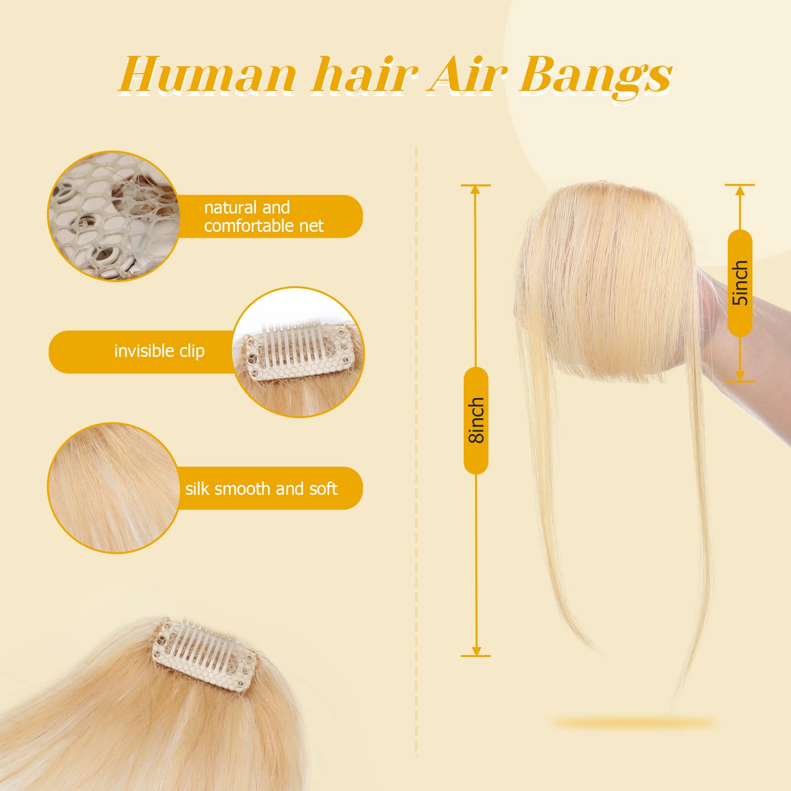 S-noilite Clip In Fringe Real Human Hair Air Bangs Hair Hairpiece Clip on Wispy Bangs with Temples for Women 3g(#613 Bleach Blonde) - Image 3