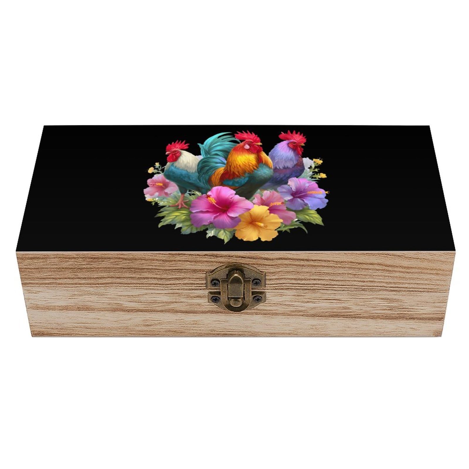 Farm Chicken Wooden Box with Hinged Lid Decorative Storage Case Container